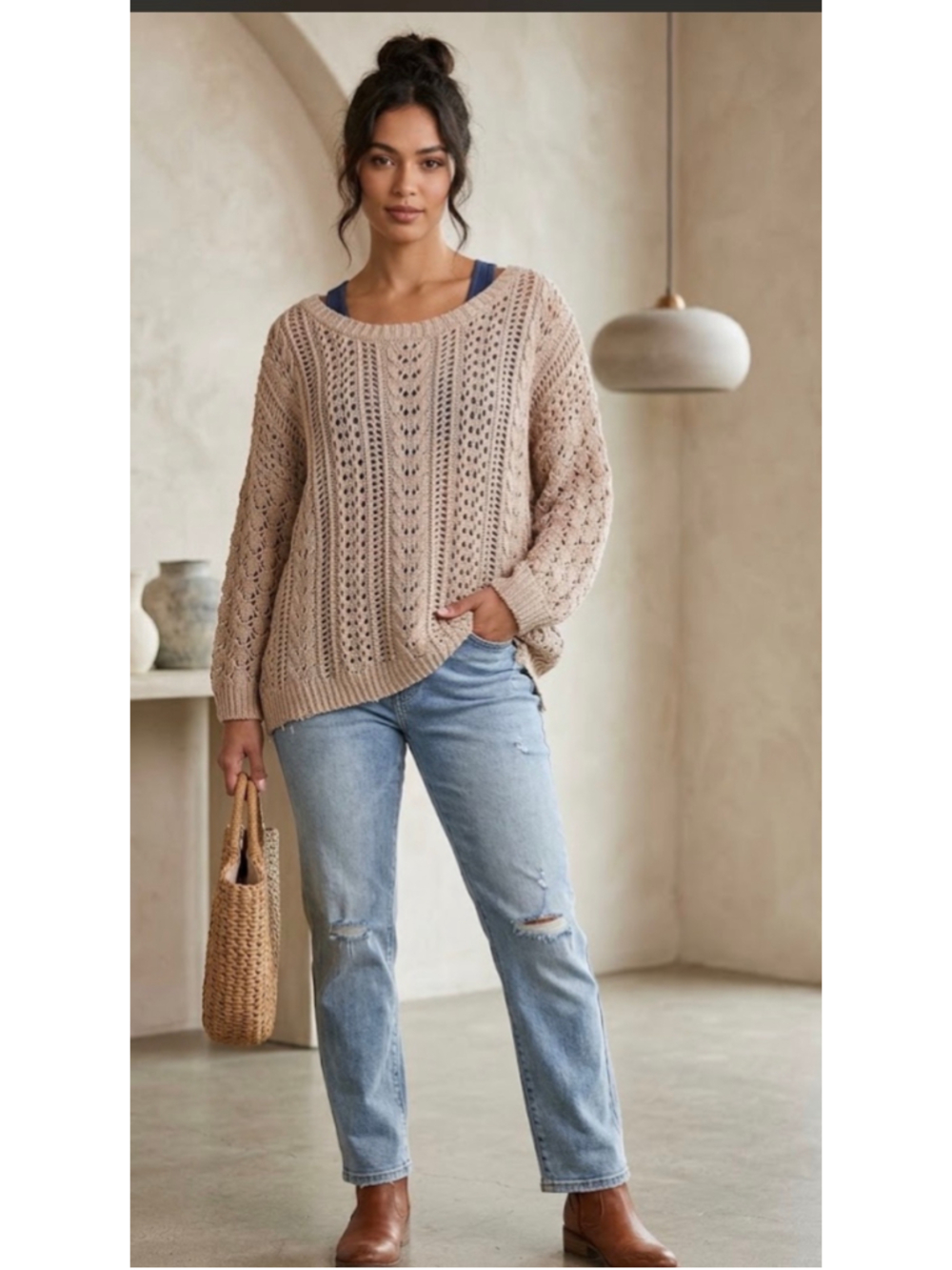 Women's Umgee Beige Crochet Knit Scoop Neck Sweater Size S